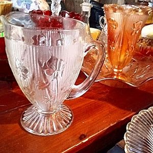 Vintage Carnival Glass pitcher (crystal), and Amber vase with decorative bowl.